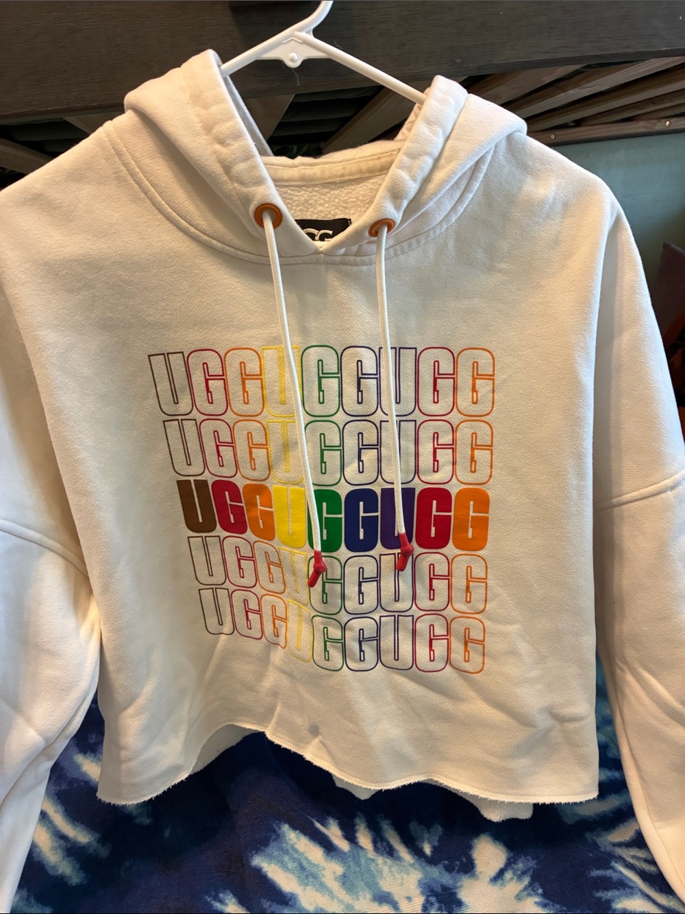 UGG White Cropped Crewneck Hoodie with Rainbow Logo